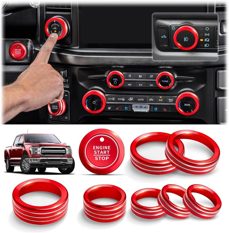 Polodunn for Ford F150 Accessories 2021-2025 2026 & Super Duty F250 F350 F450 2023-2026, 9pcs Aluminum Alloy Knob Cover Trim Set - Push Start, A/C, Volume, Headlight, Trailer & Drive Mode (Red) - Image 1